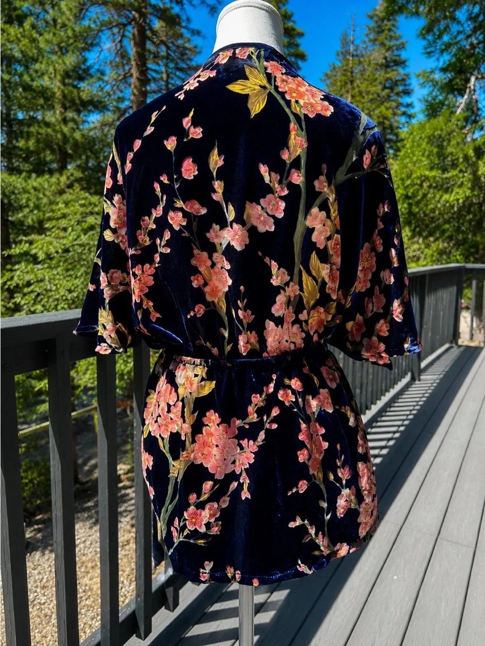 Nostalgia Velvet Floral Wrap Kimono Top Cherry Blossom Pink Navy Blue Size M
